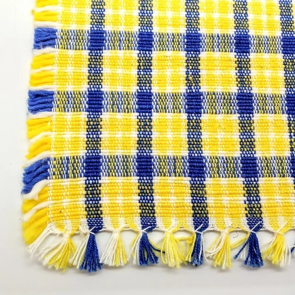 Set of 4 Blue Yellow Plaid Check Fringed Cotton Placemats